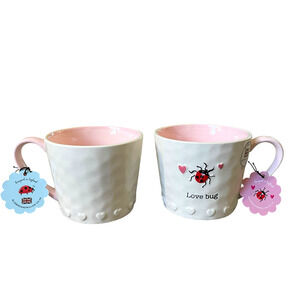 Blue Bird & Willow Set of 2 Valentine’s Day LOVE BUG British Mugs White Pink New